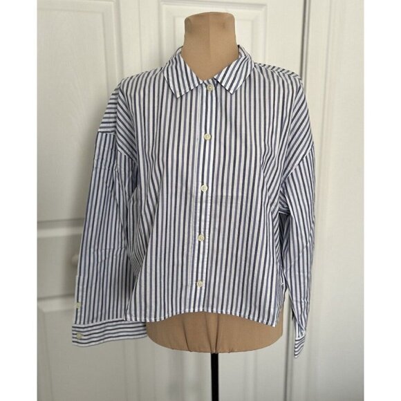 Everlane Long Sleeve Cotton Poplin Crop PJ Top blouse Blue Stripes - Picture 2 of 12